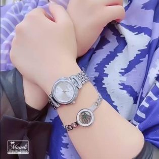 ست دستبند و ساعت رولکس زنانه نقره‌ای رنگ با قیمت ارزان و شیک