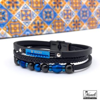دستبند چرم سه ردیفه با پلاک آبی کاربنی برند
