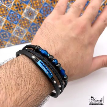 دستبند چرم با پلاک آبی کاربنی برند Rolex سه ردیفه