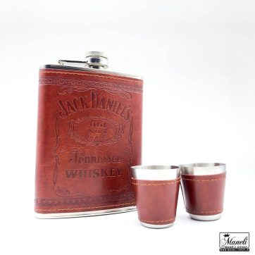 هیپ فلاسک و شات جک دنیلز با روکش چرم قهوه‌ای