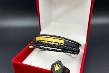 ست مردانه دستبند چرمی و انگشتر رولکس