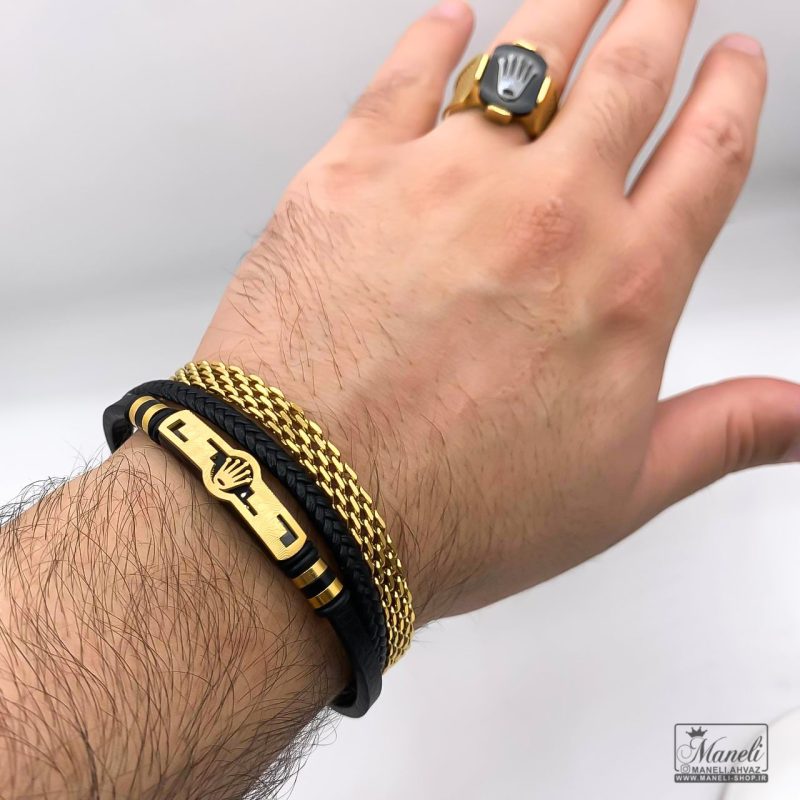 ست دستبند و انگشتر رولکس مردانه مشکی طلایی