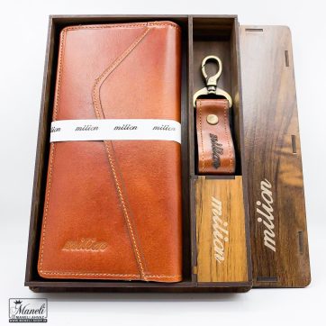 ست جاکلیدی و کیف چرم عسلی