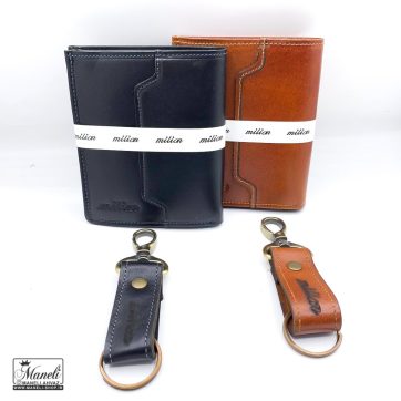 ست کیف پولی کوتاه و جاکلیدی چرم با دو رنگ شیک