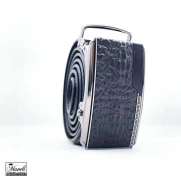 کمربند ریلی چرم مشکی با سکگ طرح چرم