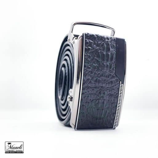 کمربند ریلی چرم مشکی با سکگ طرح چرم