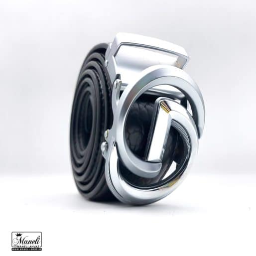 بهترین کمربند چرم ریلی مشکی با سگک سیلور طرحدار