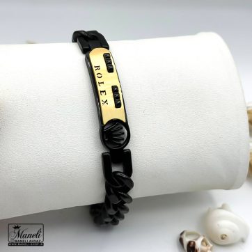 دستبند رولکس مشکی طلایی پلاک دار