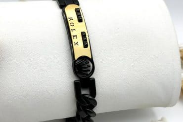 دستبند رولکس مشکی طلایی پلاک دار