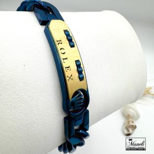 دستبند مردانه آبی کاربنی با پلاک طلایی رولکس