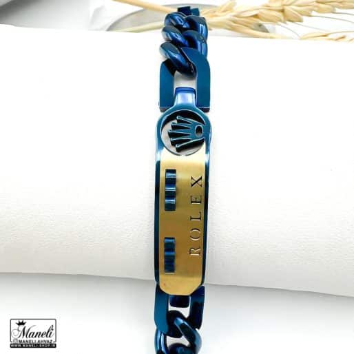 دستبند مردانه آبی با پلاک طلایی رولکس