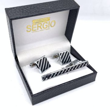 ست دکمه سردست و گیره کراوات راه راه مشکی