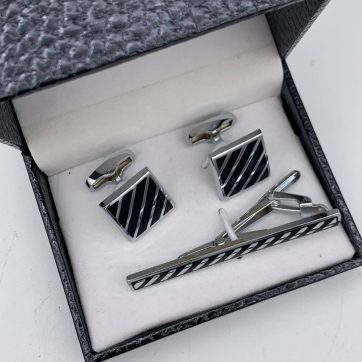 ست دکمه سردست و گیره کراوات راه راه مشکی