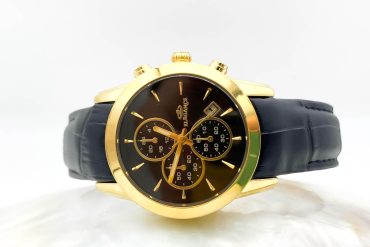 ساعت زنانه الگانس با بند چرم مشکی و قاب استیل رنگ طلایی 1258