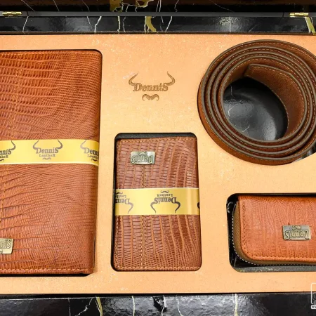 خرید ست چرم مردانه رنگ عسلی کیف و کمربند برند دنیز