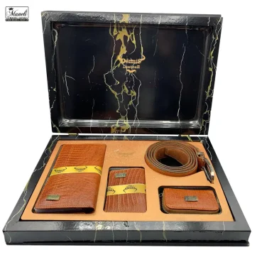 ست چرم مردانه رنگ عسلی کیف و کمربند برند دنیز