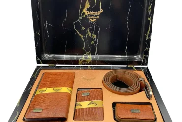 ست چرم مردانه رنگ عسلی کیف و کمربند برند دنیز