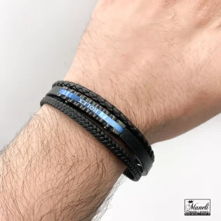 خرید دستبند چرم مردانه با پلاک آبی 3 ردیفه