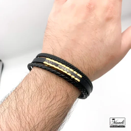 خرید دستبند چرم مردانه با پلاک مشکی طلایی 3 ردیفه 14030173