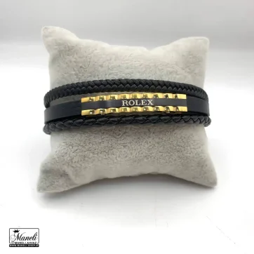 دستبند چرم مردانه با پلاک مشکی طلایی 3 ردیفه 14030173