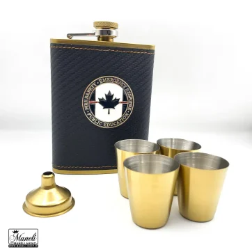 ست هیپ فلاسک و شات طلایی با روکش چرمی