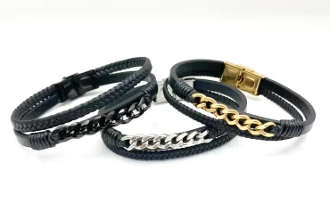 دستبند چرم مردانه با زنجیر کارتیر ارزان|مشکی،سیلور،طلایی 14030458