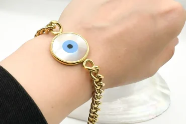 دستبند چشم نظر استیل رنگ ثابت طلایی