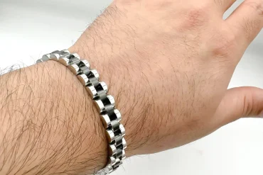 دستبند رولکس مشکی نقره ای ظریف 7میل | استیل رنگ ثابت 14030402