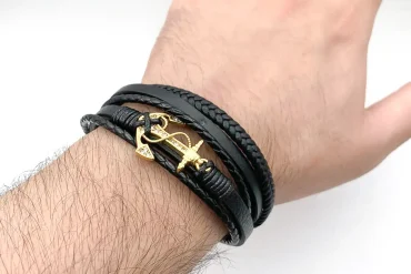 دستبند چرم مردانه طرح لنگر نگین دار