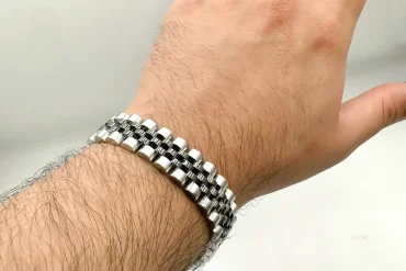 دستبند رولکس مردانه مشکی نقره ای پهن