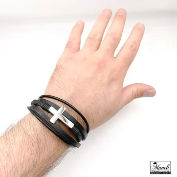 دستبند چرمی مردانه با صلیب استیل و قفل مگنتی 14030465