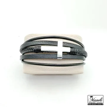 خرید دستبند چرمی مردانه با صلیب استیل و قفل مگنتی