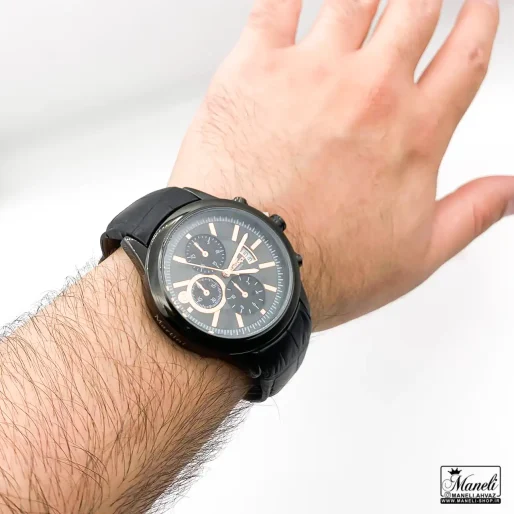 ساعت مردانه بند چرم تمام مشکی | صفحه مشکی | موتور ژاپن