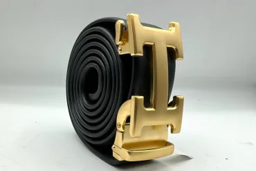 کمربند ریلی چرم با سگک H رنگ طلایی