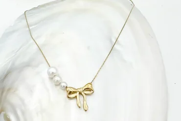 گردنبند پاپیون و مروارید استیل | طلایی 14030623