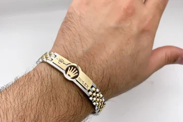 دستبند مردانه رولکس استیل 316 | طلایی نقره ای پلاک دار | کیفیت بالا 14030605