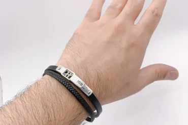 دستبند مردانه چرم با پلاک استیل هابلوت 14030690