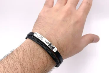 دستبند مردانه چرم با پلاک استیل لویی ویتون نقره ای | رنگ ثابت 14030686