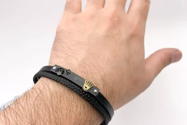 دستبند مردانه چرم با پلاک استیل رولکس مشکی 14030689
