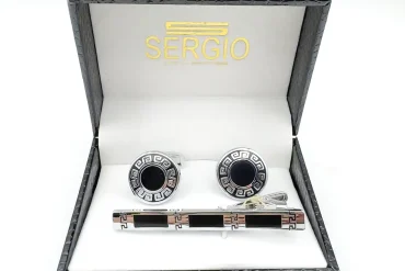 ست دکمه سردست و گیره کراوات گرد مشکی طرح ورساچه 140306110