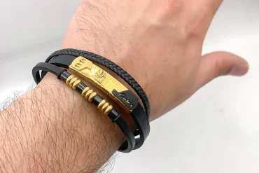 دستبند مردانه چرم استیل کارتیر | درجه یک | مشکی طلایی 14030809