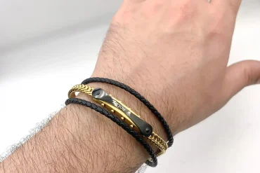 دستبند چرم استیل مردانه رولکس | رنگ ثابت | مشکی طلایی 14030813