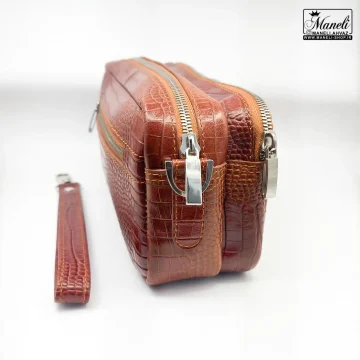کیف دستی چرم طبیعی رنگ عسلی با طرح کروکودیلی 14031049 - Image 4