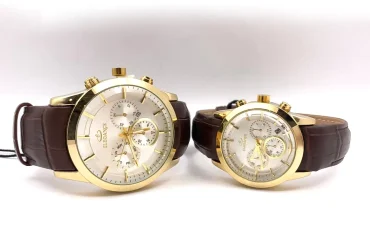 ست ساعت زنانه مردانه بند چرم قهوه ای الگانس | موتور ژاپن 14030927