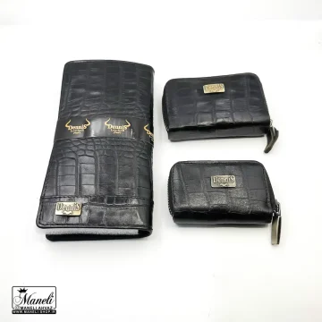 خرید ست کیف و کمربند چرم طبیعی مردانه چهار تکه مشکی | کروکودیلی