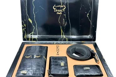 ست کیف و کمربند چرم طبیعی مردانه چهار تکه مشکی | کروکودیلی | برند دنیز 14031037