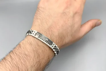 دستبند مردانه رولکس نقره ای-مشکی پلاک دار | استیل رنگ ثابت 14031137