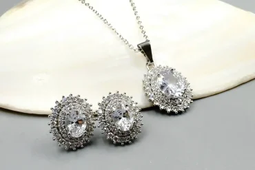 نیم ست نگینی ظریف و خوش جلوه نقره ای | استیل رنگ ثابت 14031142