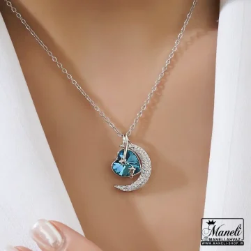 گردنبند ماه و قلب ژوپینگ نگین سواروفسکی آبی | ضدحساسیت ، رنگ ثابت 140311110