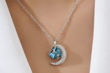 گردنبند ماه و قلب ژوپینگ نگین سواروفسکی آبی | ضدحساسیت ، رنگ ثابت 140311110